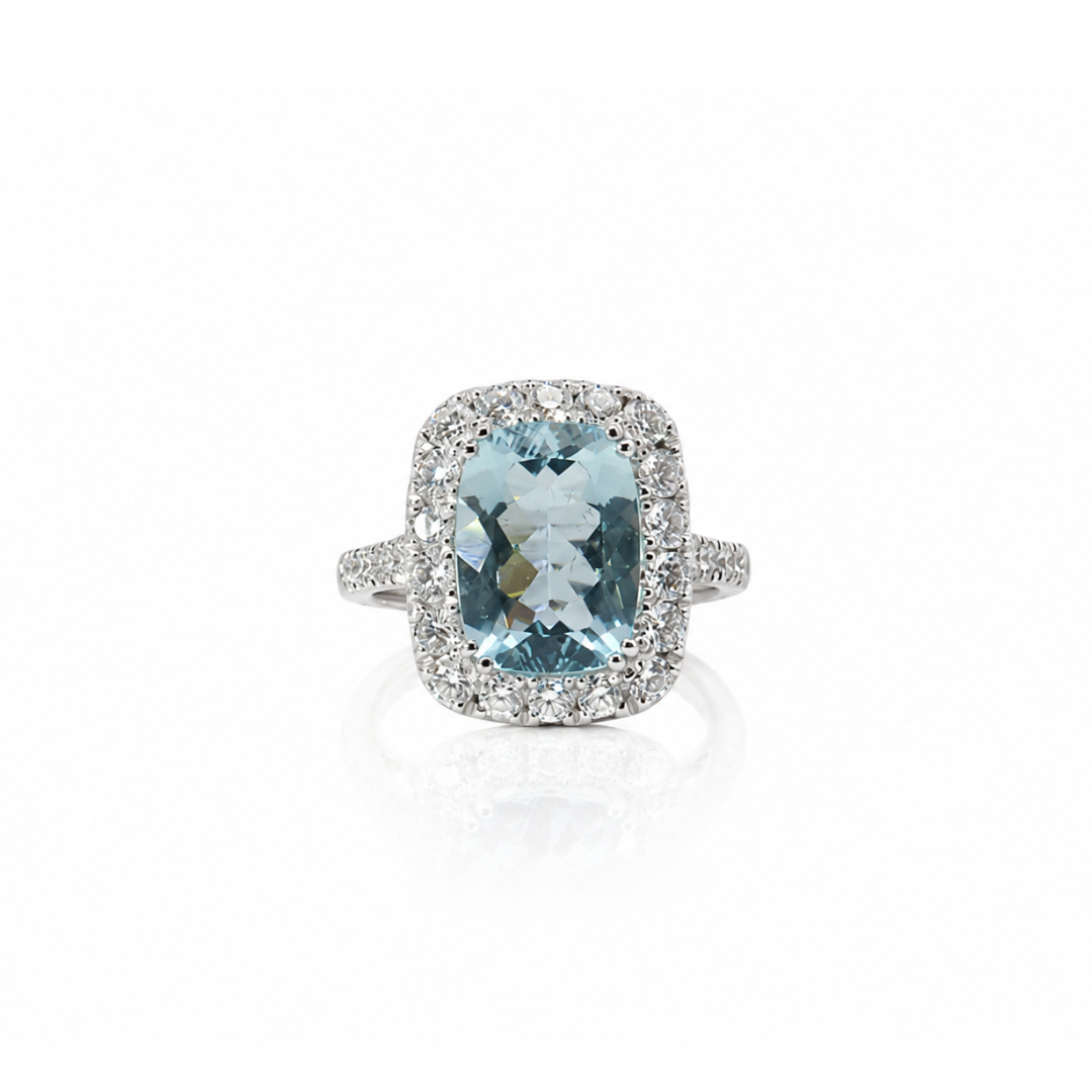 CUSHION AQUAMARINE & DIAMOND RING