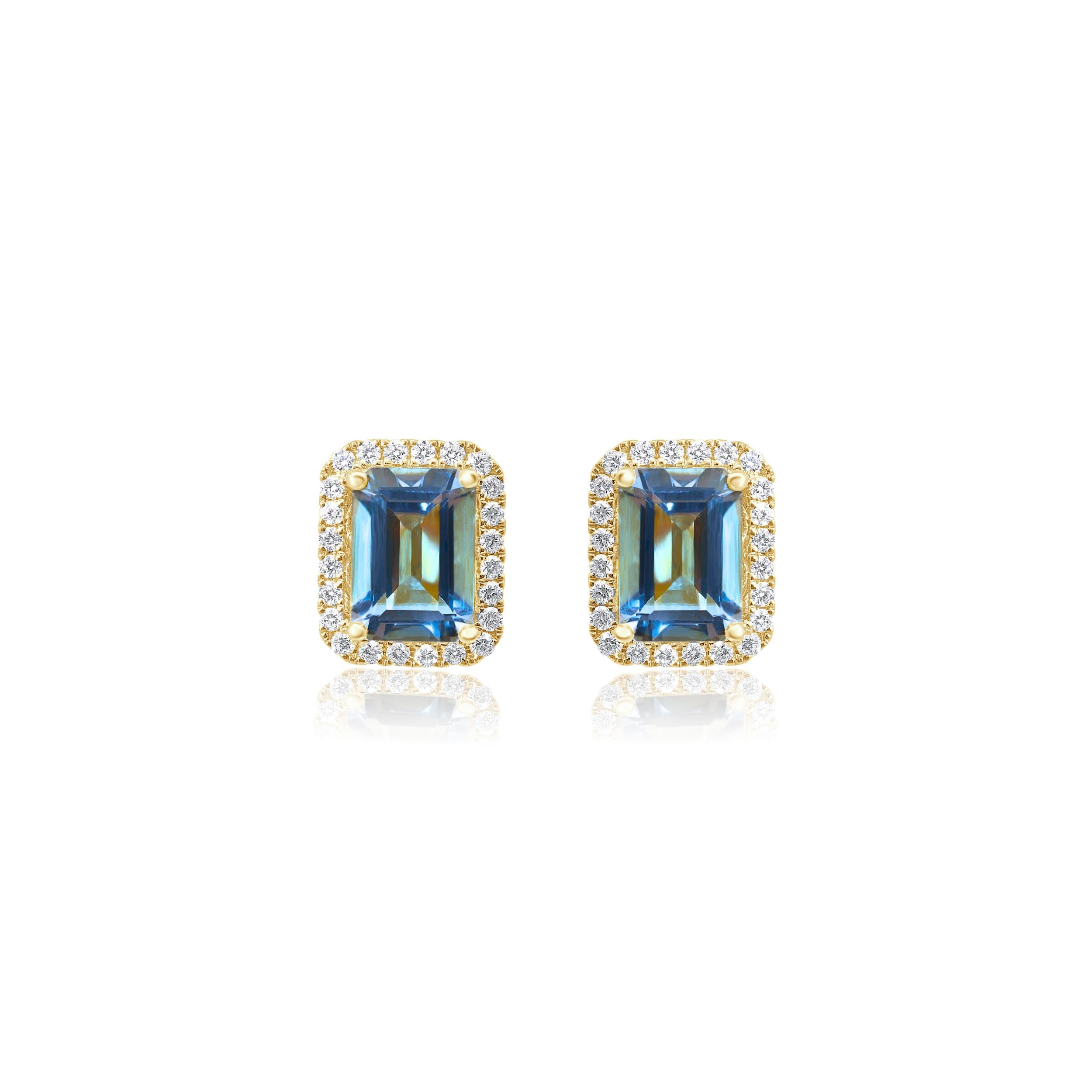 EMERALD CUT AQUAMARINE AND DIAMOND STUDS