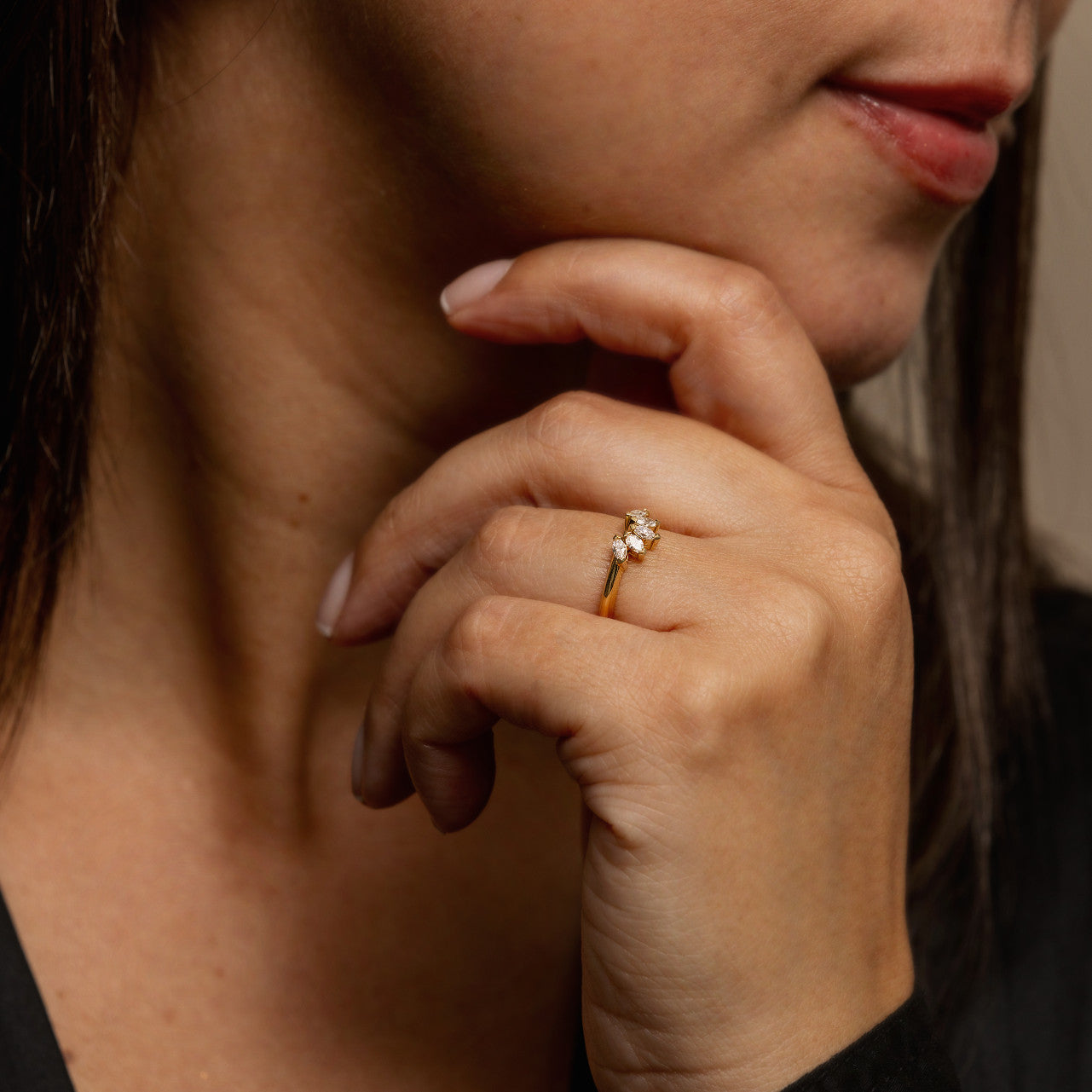 SMALL WHITE GOLD MARQUISE DIAMOND CROWN RING