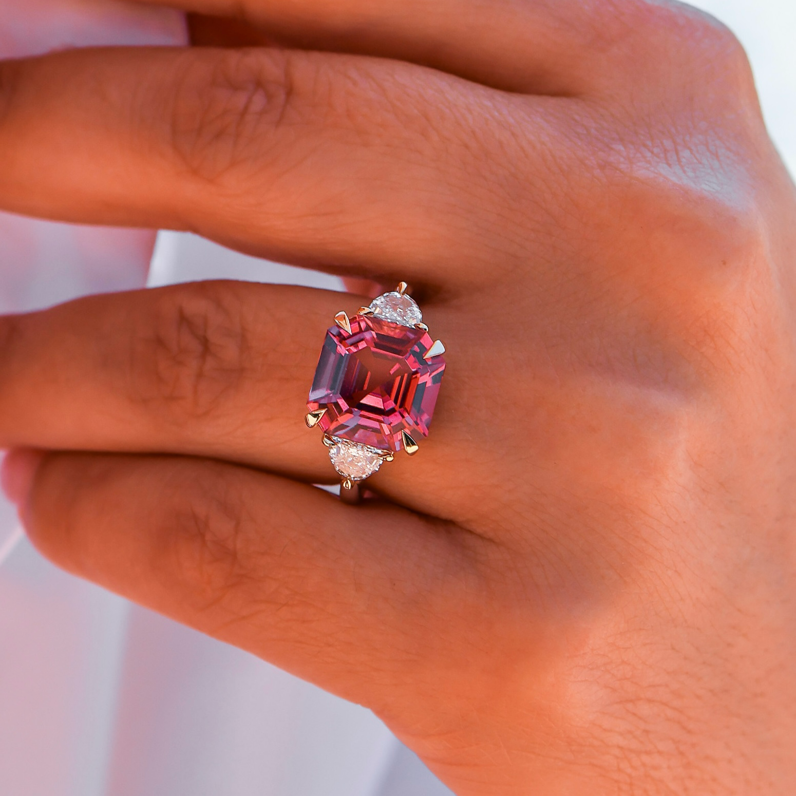 ASSCHER CUT RUBELLITE & DIAMOND RING