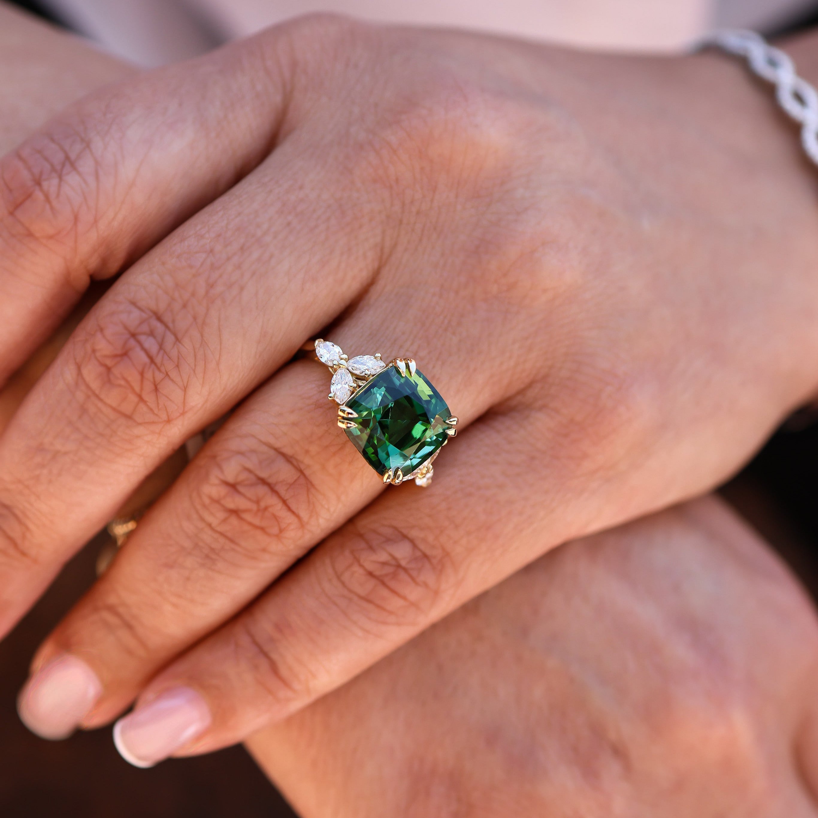 GREEN TOURMALINE & MARQUISE DIAMOND RING