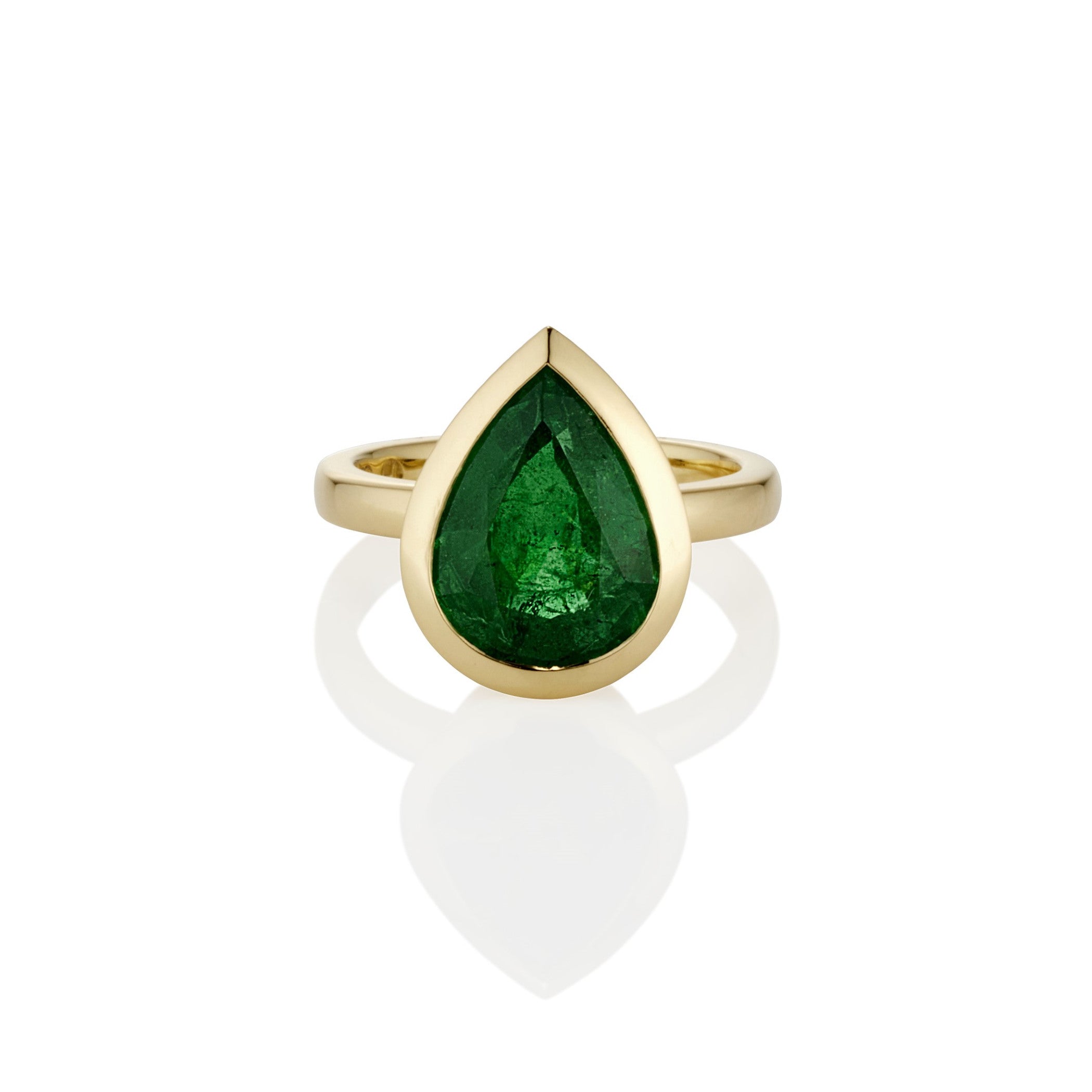 PEAR SHAPED ZAMBIAN EMERALD BEZEL SET RING