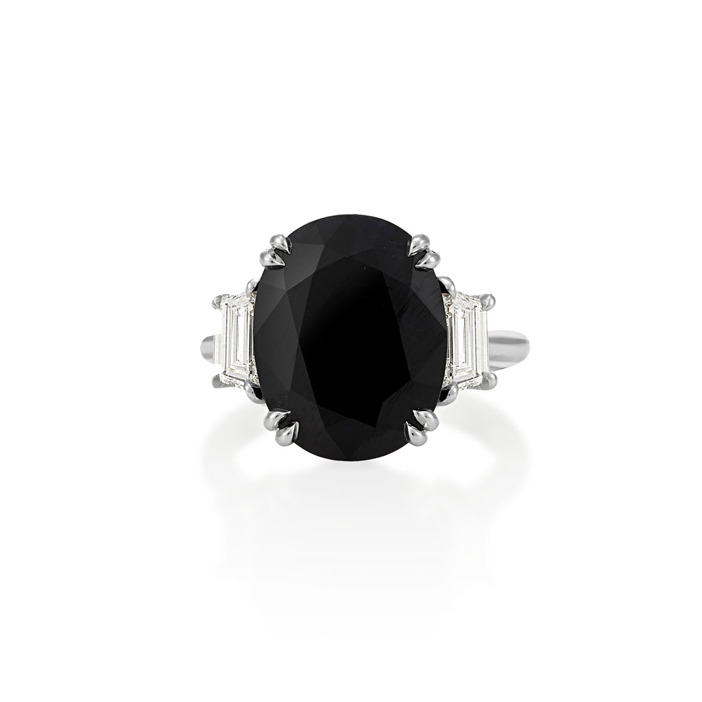 OVAL AUSTRALIAN BLUE BLACK SAPPHIRE DIAMOND RING WITH TAPERED TRAPEZOID BAGUETTES
