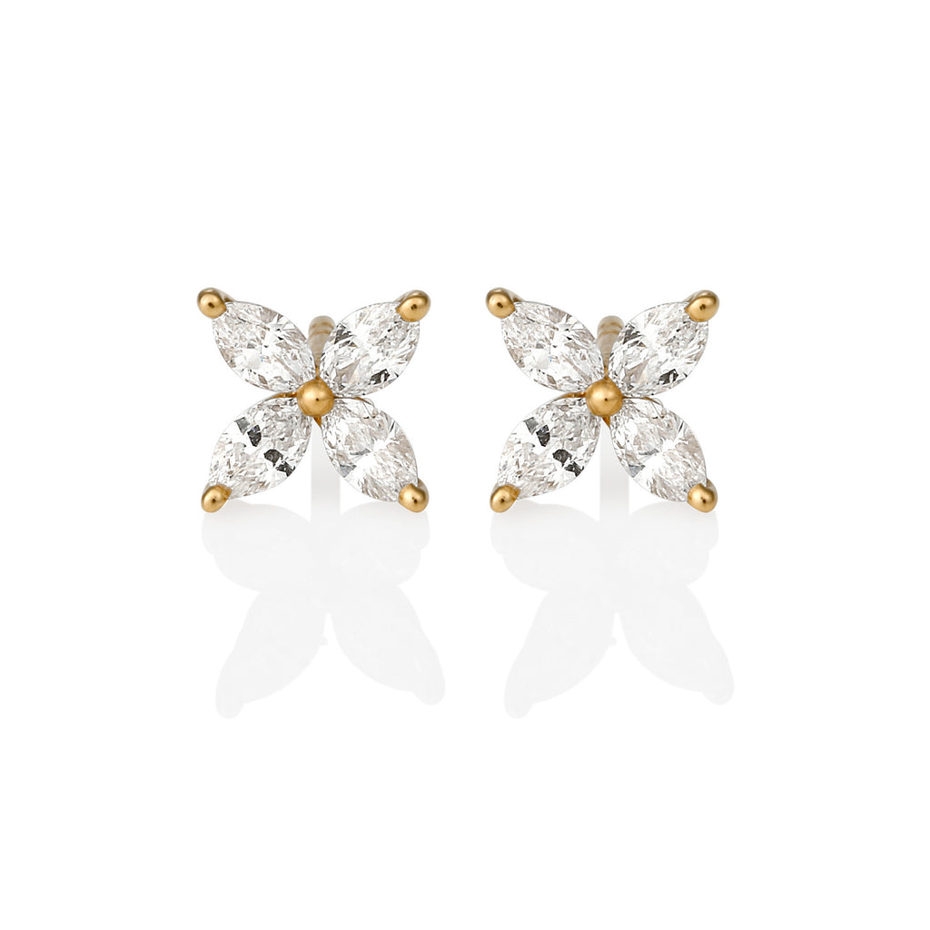 YELLOW GOLD MARQUISE DIAMOND FLOWER EARRINGS 1.30CT