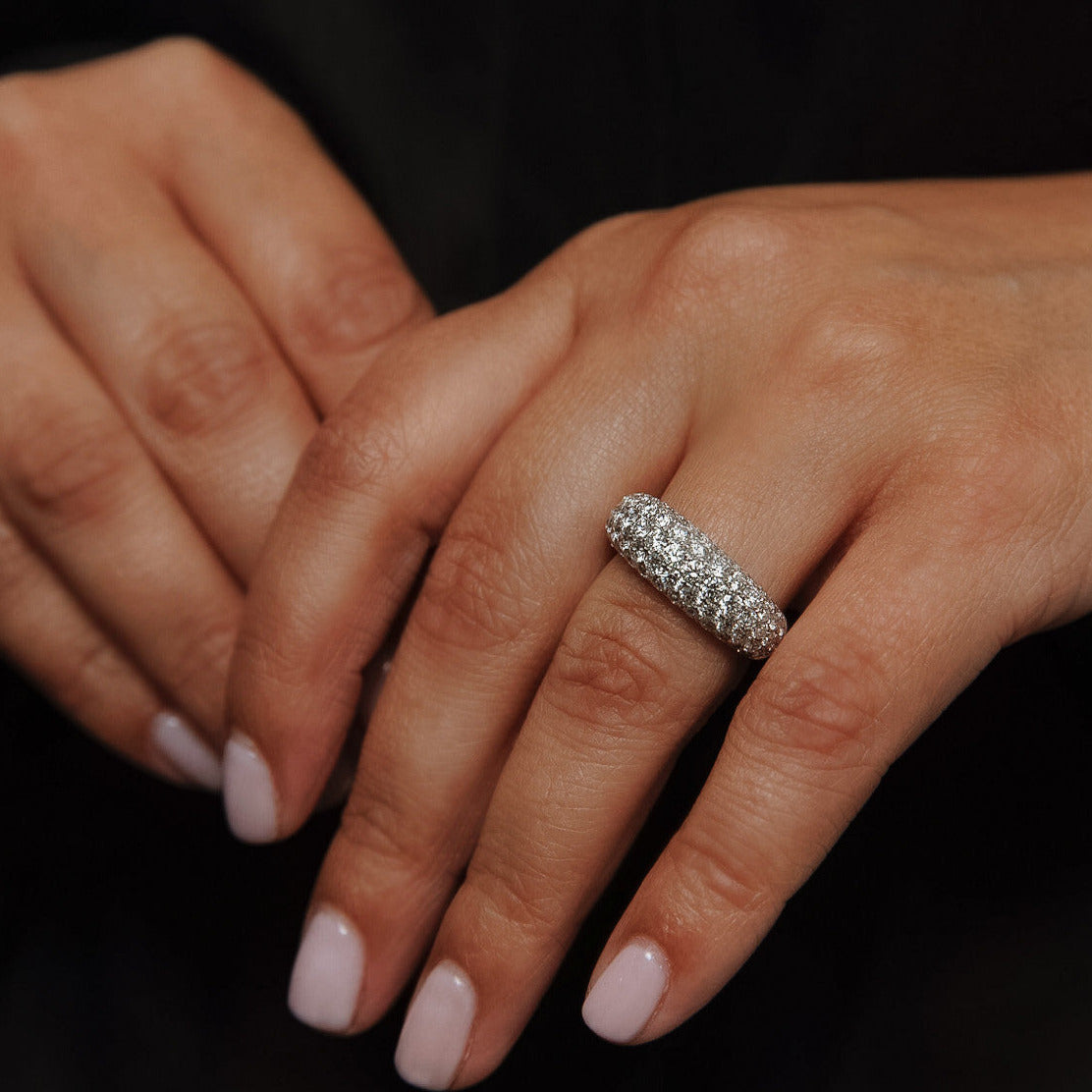 WHITE GOLD HONEYCOMB PAVE DOMED RING